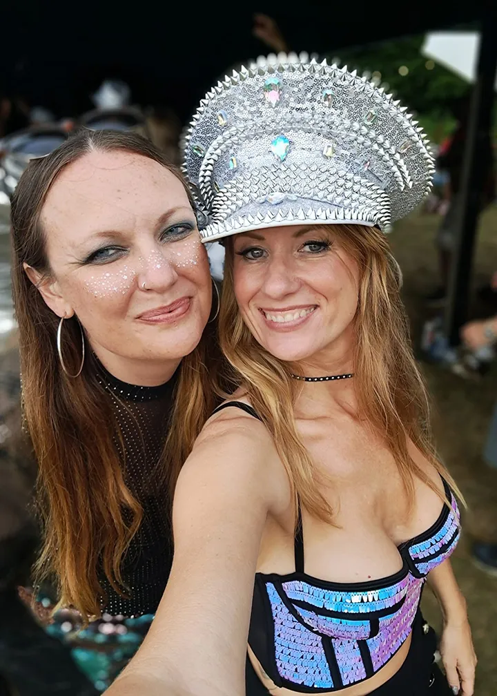 Two festival-goers enjoying Beat Bunker 2025 in Bodiam.
