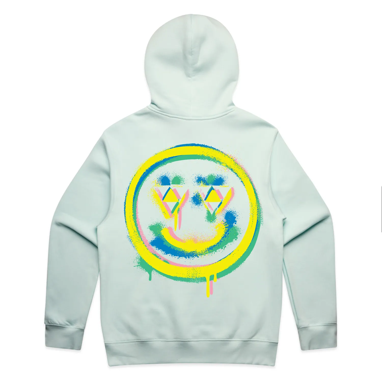 Seafoam Relax Hood, back: large smiley print.