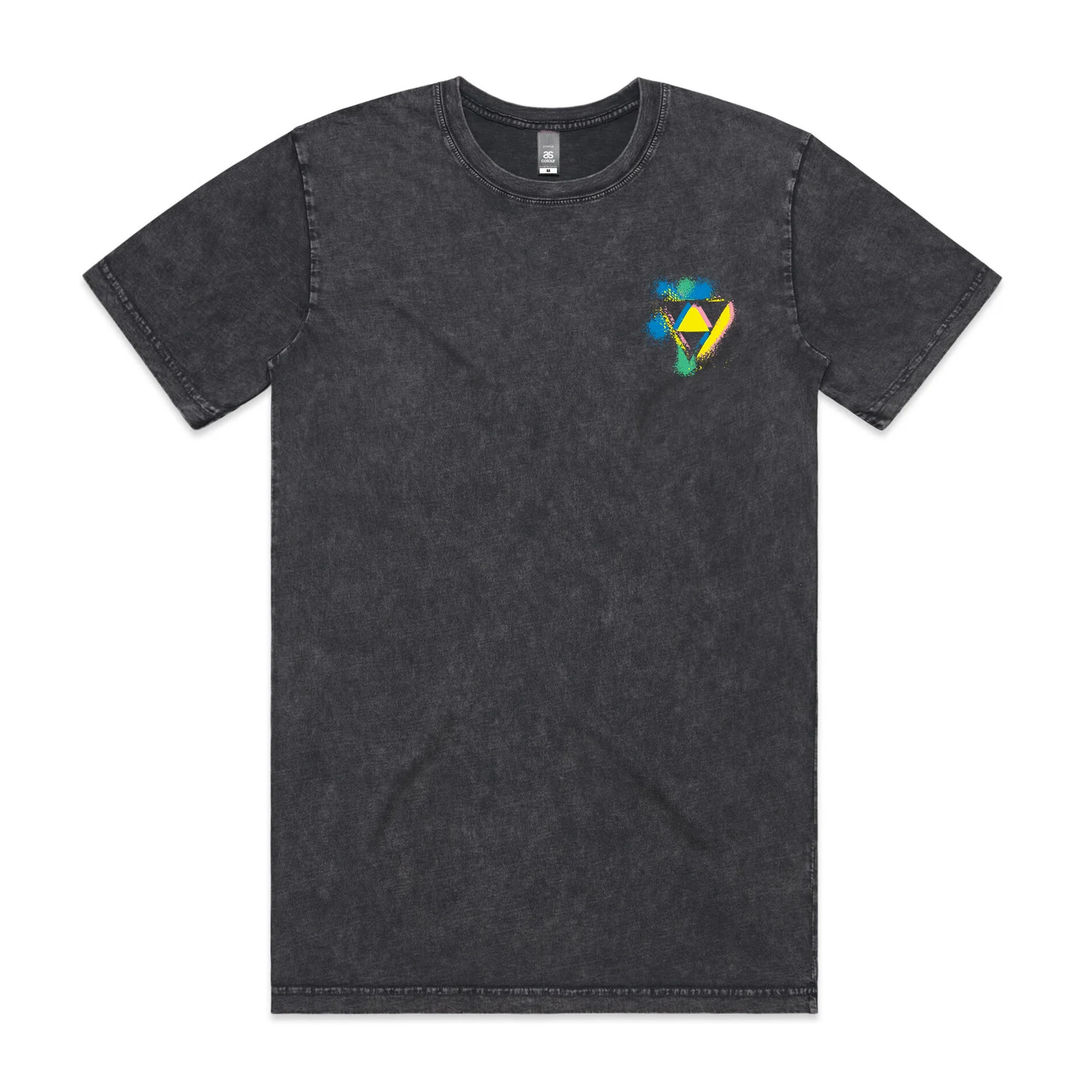 Black stone wash tee, front: triangle logo on the chest.